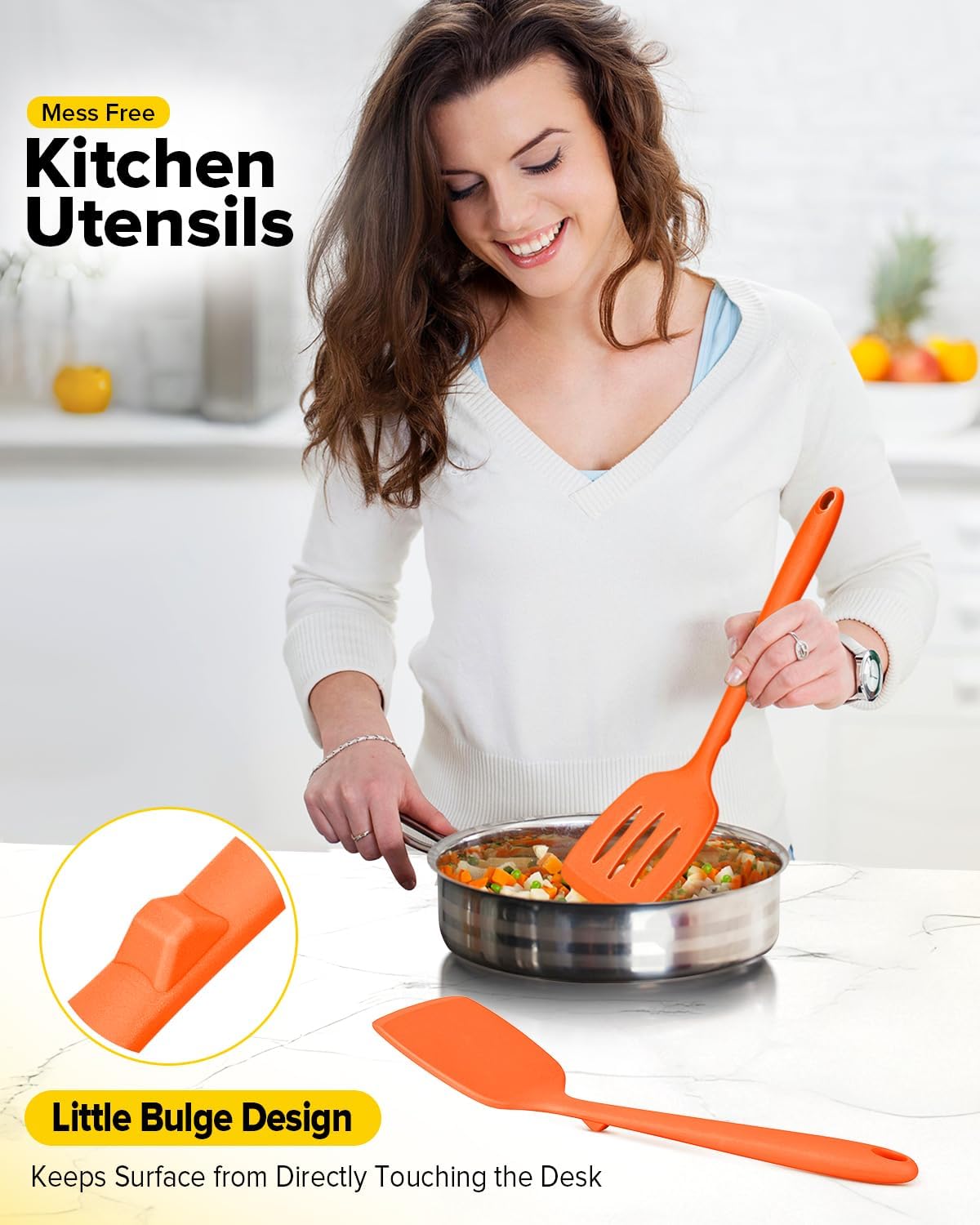 Pack of 2 Silicone Spatula Turners, Non Stick Slotted Kitchen Spatula Set, Heat Resistant BPA Free Kitchen Utensils, One-Piece Design, Suitable for Flipping Fish, Eggs, Steak, Pancakes (ORANGE)
