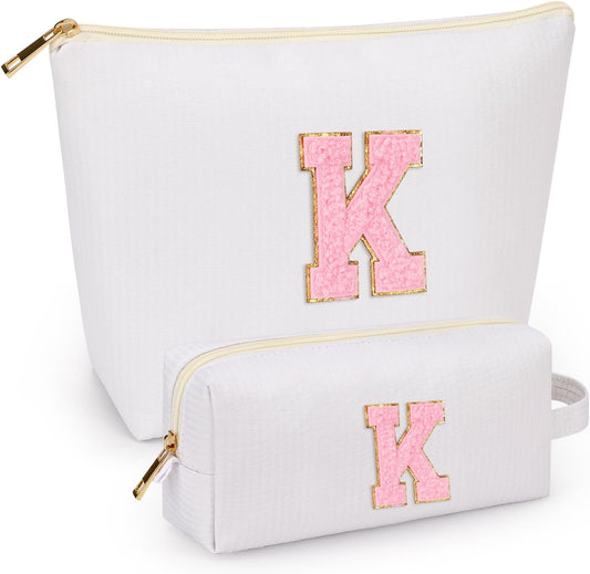 2 PCS Initial Makeup Bags for Women: Cosmetic Bag for Travel Toiletry - Birthday Gifts for 11 12 13 14 15 16 17 18 Years Old Girl Graduation Teacher Gift- Teen Girl Gifts Trendy Stuff - White K