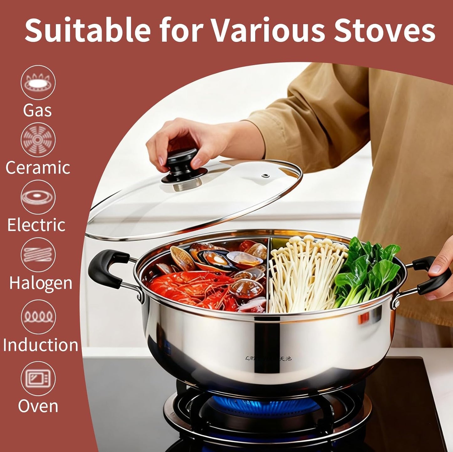 Stainless Steel Hot Pot with Divider Include 3 Spoons, Shabu Shabu Chinese Hot Pot With Lid, Dual Sided Yin Yang Pan with Divider Set, Portable, 12.6″