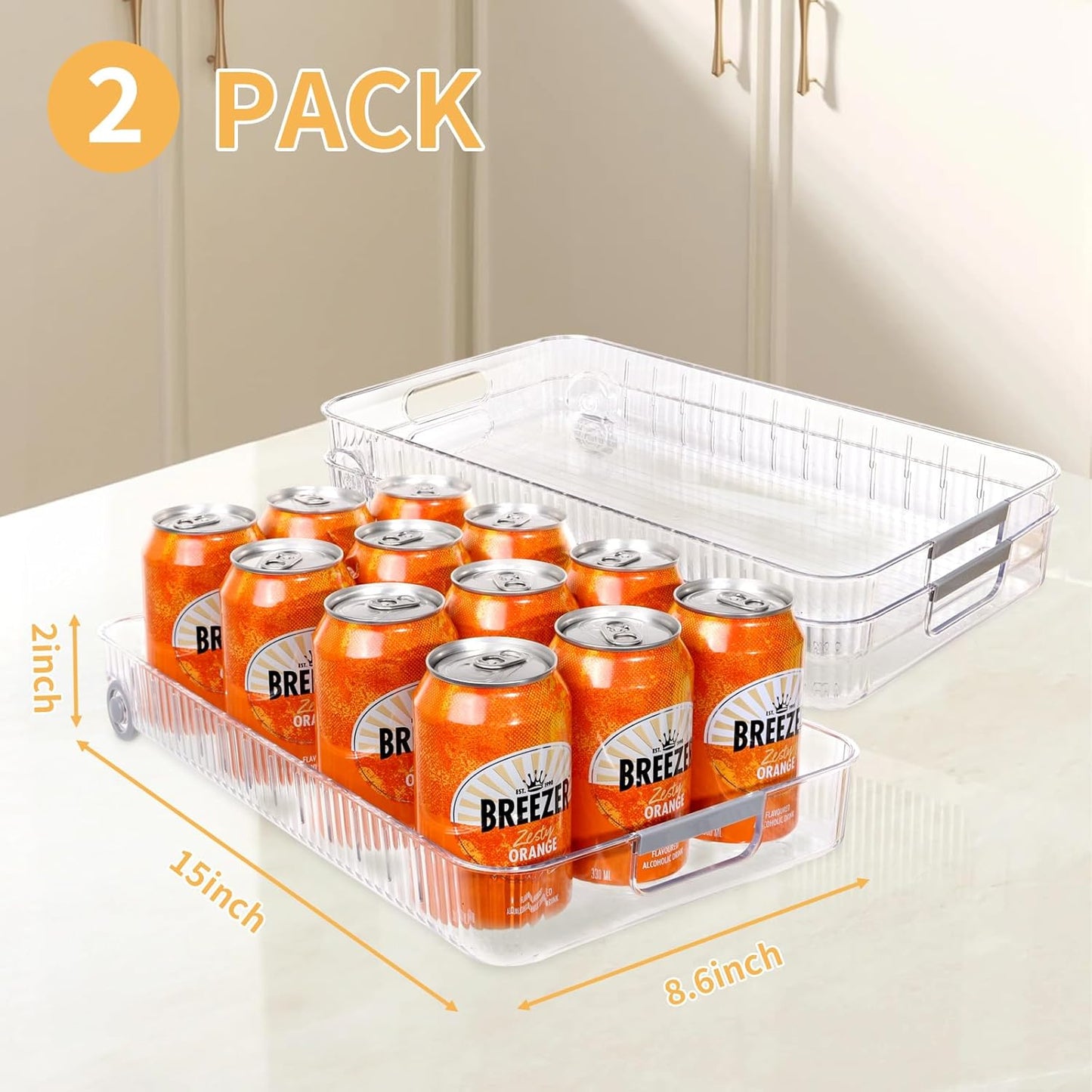 Refrigerator Organizers and Storage Roll Out Storage Bins Fridge Organizer with Wheels BPA-Free Clear Plastic Storage Bins Pantry Organizers and Storage 2 Pack
