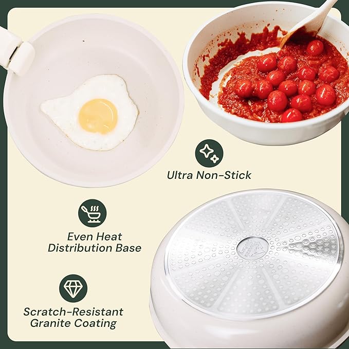 15-Piece White Granite Nonstick Cookware Set – Detachable Handles & Tempered Glass Lids – Stackable & Cool-Touch - Induction & Oven Safe to 480°F - Scratch-Resistant, PFOA & PFOS-Free