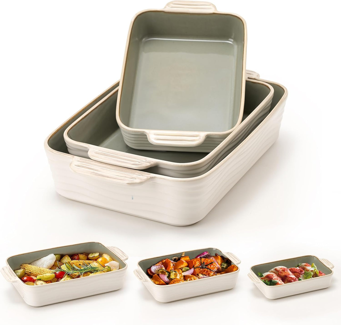 Ceramic Baking Dish Set of 3, Casserole Dishes for Oven, Square Porcelain Bakeware Set with Handles, Lasagna Baking Pan for Cooking, Perfect for Baking and Serving, Housewarming, Halloween, Thanksgiving, Christmas, New Year-White&Green