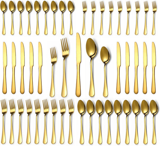 Lazycorner 50 Pcs Gold Silverware Set for 10, Food Grade Stainless Steel Flatware Set Include Fork/Knife/Spoon, Mirror Polished Eating Utensils Sets, Reusable Silverwear Cutlery Set, Dishwasher Safe