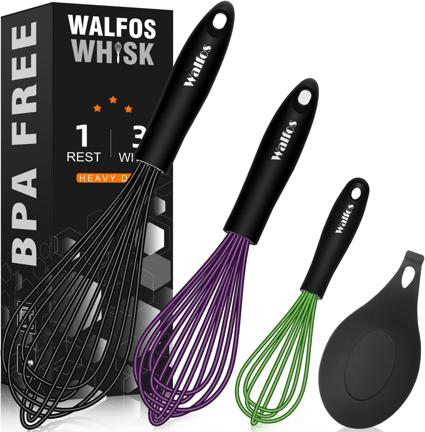 Walfos Silicone Whisk With 8in Rest,Whisks for Cooking Non Scratch,7.5+9+11in Whisk for Nonstick Cookware,Dishwasher Safe,Rest for Kitchen Counter Wisk Perfect for Blending, Baking, Beating, Set of 4