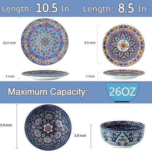 glowworm Dinnerware Sets for 6, 18 Pieces Plates and Bowls Set, Ceramic Dishes Set for 6, Oven, Microwave & Dishwasher Safe, Scratch Resistant, Bohemian
