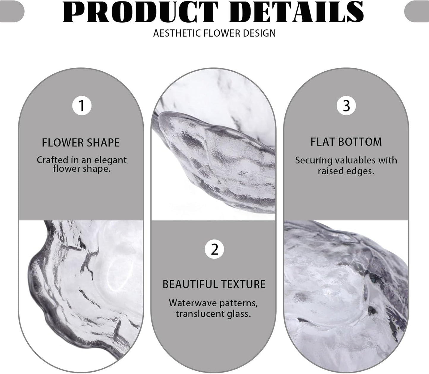 4 Pack Ring Dish Jewelry Tray, Small Glass Trinket Dish, Decorative Aesthetic Ring Holder Plate Bowl for Women Earring Bracelet for Vanity Nightstand (Crystal Grey)