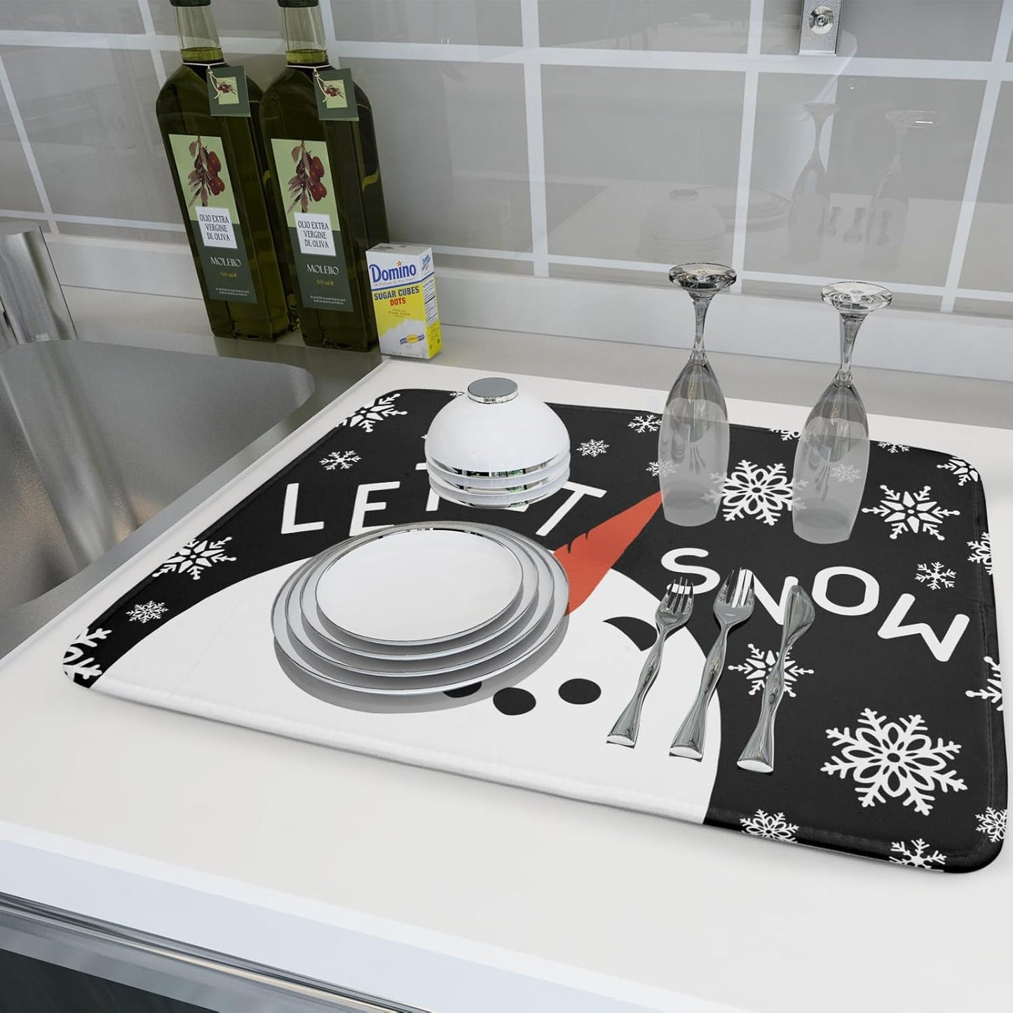 Winter Snowman Dish Drying Mats for Kitchen Counter 18×24 Inch Christmas Snowflake Let It Snow Large Microfiber Drying Mat Kitchen Accessories Dish Rack Mat Drainer Pad Washable Absorbent