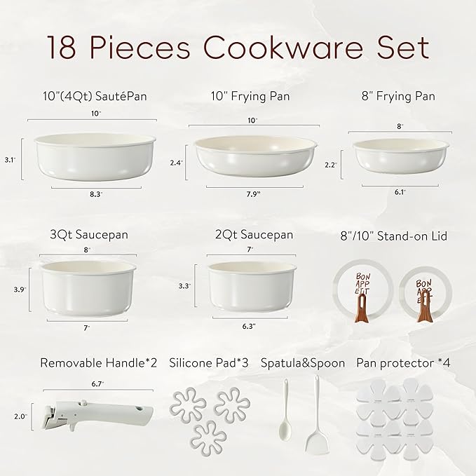 CAROTE 18Pcs Pots and Pans Set Non Stick, Nonstick Ceramic Cookware Set with Detachable Handle, Non Toxic Kitchen Cooking Sets, PFOA Free, Oven Safe, Stackable Induction Ready, Cream White