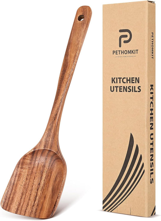 Teak Wood Spatula for Cooking, Wooden Kitchen Cooking Utensil, Large Long Handle Solid Wok Spatula Flipper with Raised Sides for Serving Scooping Frying Mixing Stirring Eggs Beans,Non-Toxic,13.4″,1Pk