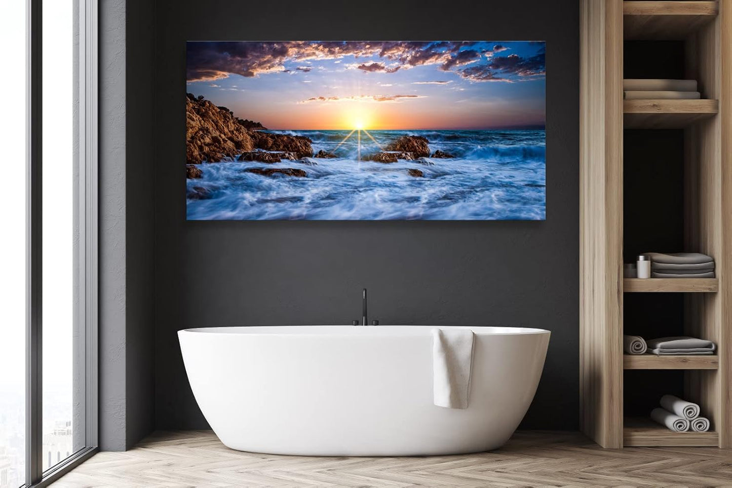 Muolunna S05875 Wall Art Decor Canvas Print Picture Sunset Blue Ocean 1 Panel Sea Waves Scenery Painting Artwork for Office Wall Decor Home Decoration Stretched and Framed Ready to Hang 30x60inch