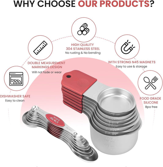 Magnetic Measuring Cups and Spoons Set-Heavy Duty 304 Stainless Steel，Double Measurement Markings，Set of 16 with Leveler for Measure Dry and Liquid Ingredients (Red)