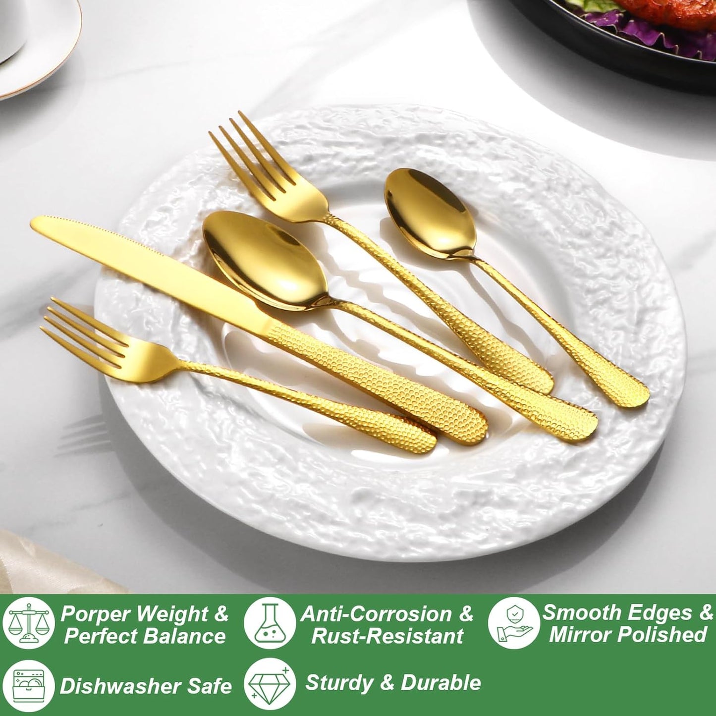 20 Pcs Gold Silverware Set for 4 with Hammered Design, Food Grade Stainless Steel Flatware Set, Eating Utensils Sets Include Fork/Knife/Spoon, Cutlery Set, Dishwasher Safe