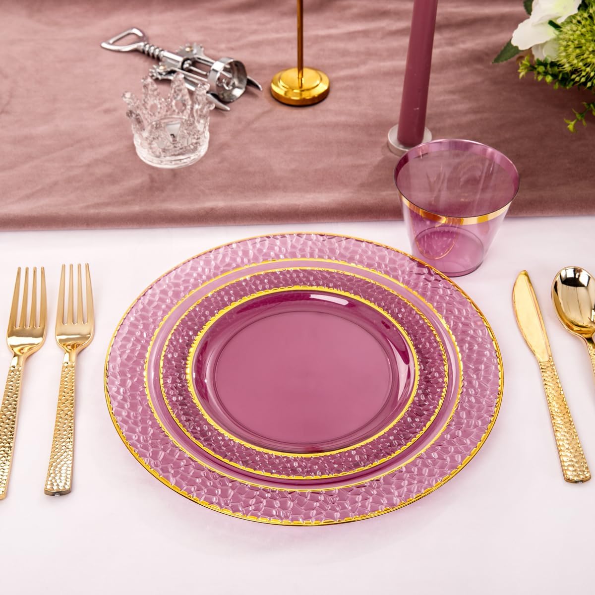 Nervure 150PCS Clear Purple Plastic Plates - Gold Party Plate - Purple and Gold Plate Include: 50 Plates, 25Cups, 25Forks, 25Knives, 25Spoons for Wedding & Party