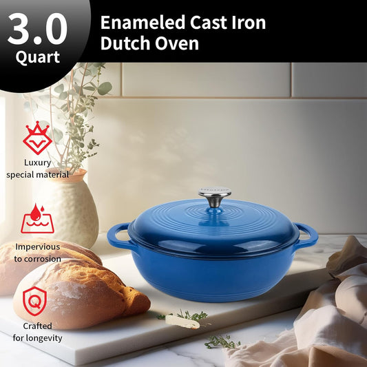 Enameled Cast Iron Dutch Oven Pot with Lid, 3 Quart Shallow Dutch Oven, Oven Safe up to 500° F, Suitable for Bread Baking, Braising, Roasting, Stews, Blue