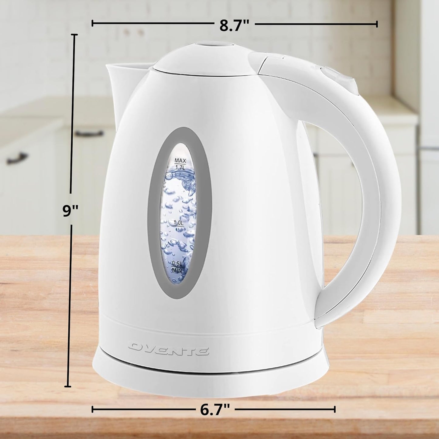OVENTE Electric Kettle, 1.7L Fast Boiling Water Heater for Coffee or Tea, BPA Free with Water Level Gauge, Auto Shut-Off, Boil-Dry Protection, Indicator Light and Removable Filter, White KP72W