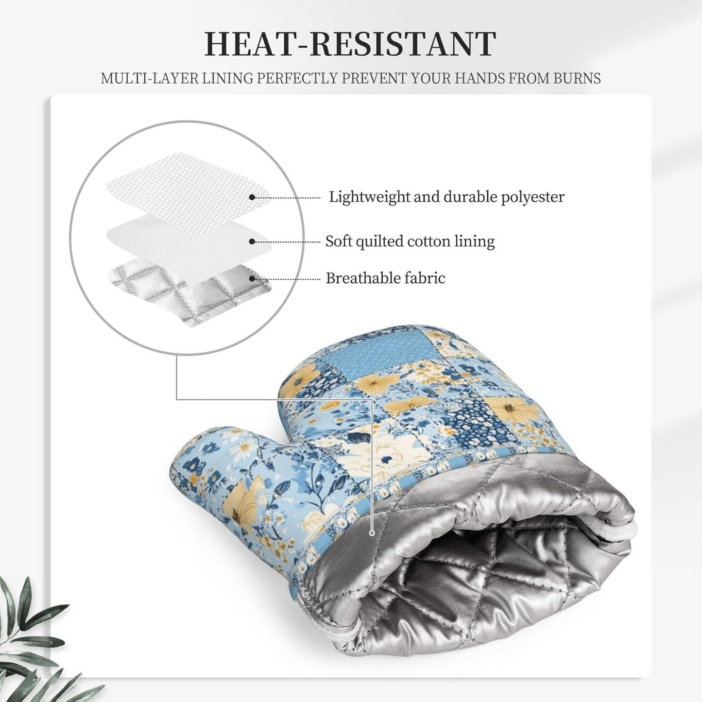 Oven Mitts and Pot Holders Floral Blue Pastel Vintage Silicone Kitchen Accessories Set of 2 Heat Resistant Long Gloves Potholder Non-Slip Grip for Chef Cooking,Baking,Grilling,BBQ