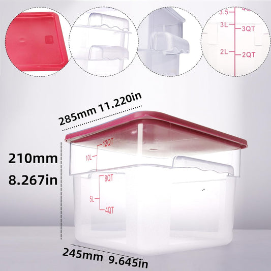 2 Pack Red Square Food Storage Container With Lid,2-12 Quart Commercial Storage Box With Scale & Handle,Cake Making,Dough Marinating Meat,Kitchen Supplies (12 Quart)