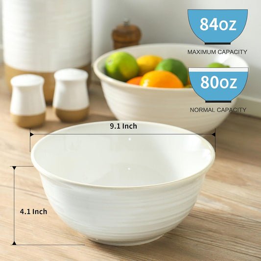Hasense Serving Bowls, 9 Inch Ceramic Salad Bowls for Kitchen, 84 Ounce Mixing Bowl for Soup Pho Pasta Popcorn, Dishwasher & Microwave Safe, Set of 2(Clay-Infused White)