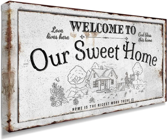 IPIC - Our Sweet Home Vintage Family Sign, Rustic Farmhouse Canvas Wall Art for Home or RV, Wall Decor for Bedroom, Hallway or Living Room, Ready to Hang