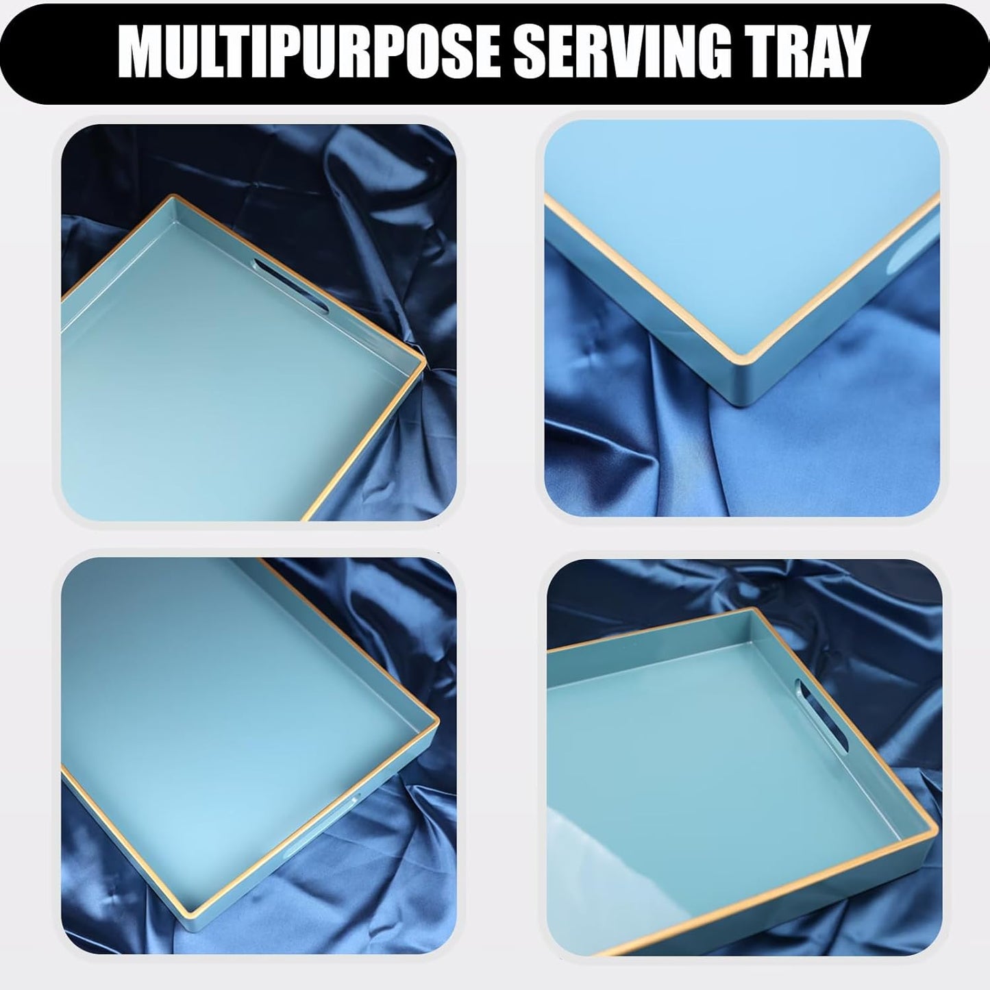 Teal Blue Decorative Coffee Table Tray, Rectangular Plastic Serving Tray with Handles for Living Room, Ottoman, Bathroom, 15.7"*10.2"