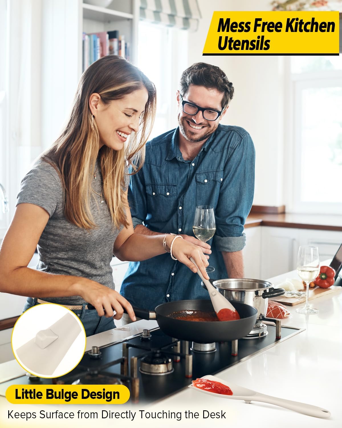 Pack of 2 Cooking Spoons for Non Stick Cookware, Multifunction Spatula Spoon BPA-Free, One-Piece Design, Suitable for Scooping, Scraping, Serving and Mixing (KHAKI-KHAKI)