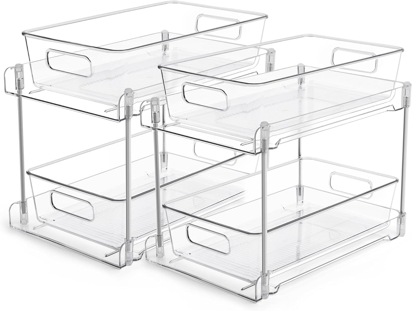 Vtopmart 2 Tier Bathroom Storage Organizer, 2 Pack Clear Under Sink Organizers Vanity Counter Container, Cabinet Drawers Bins, Pull-Out Organization with Track for Pantry, Kitchen