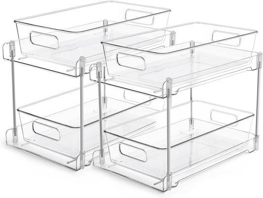 Vtopmart 2 Tier Bathroom Storage Organizer, 2 Pack Clear Under Sink Organizers Vanity Counter Container, Cabinet Drawers Bins, Pull-Out Organization with Track for Pantry, Kitchen