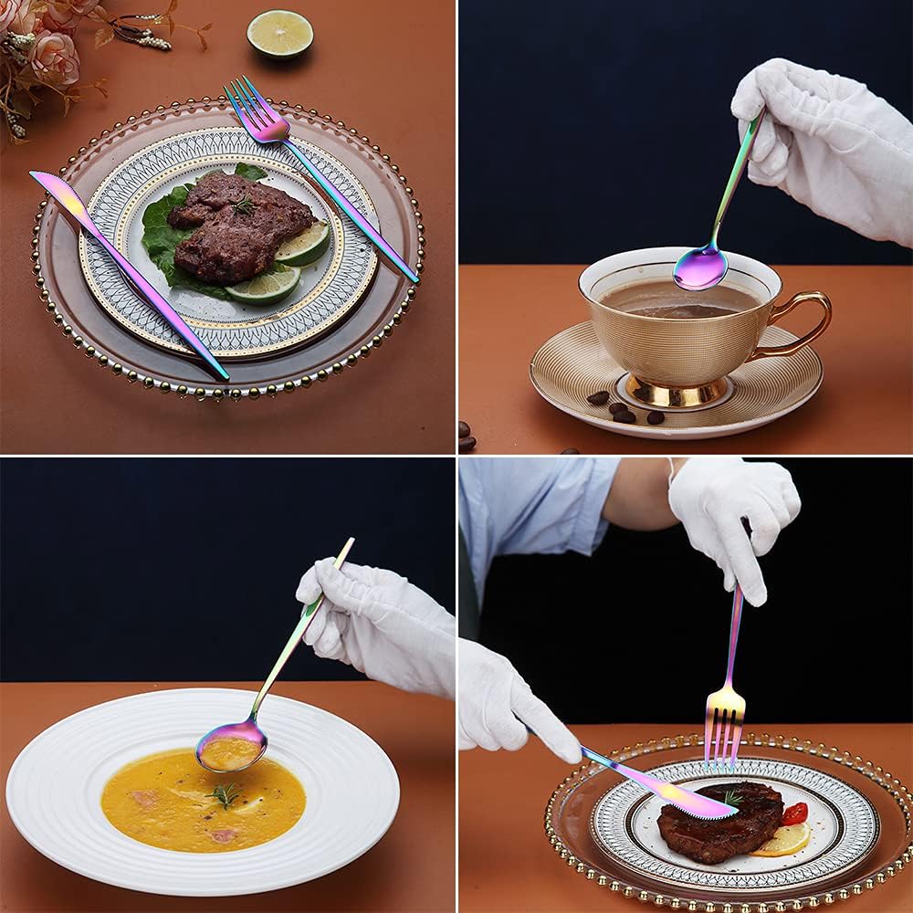 Matte Rainbow Flatware Set 40 Pieces, Stainless Steel Colorful Silverware Set, Titanium Plating Matte Rainbow Cutlery Set, Matte Rainbow Utensil Sets, Service Set for 8 (Matte Rainbow)