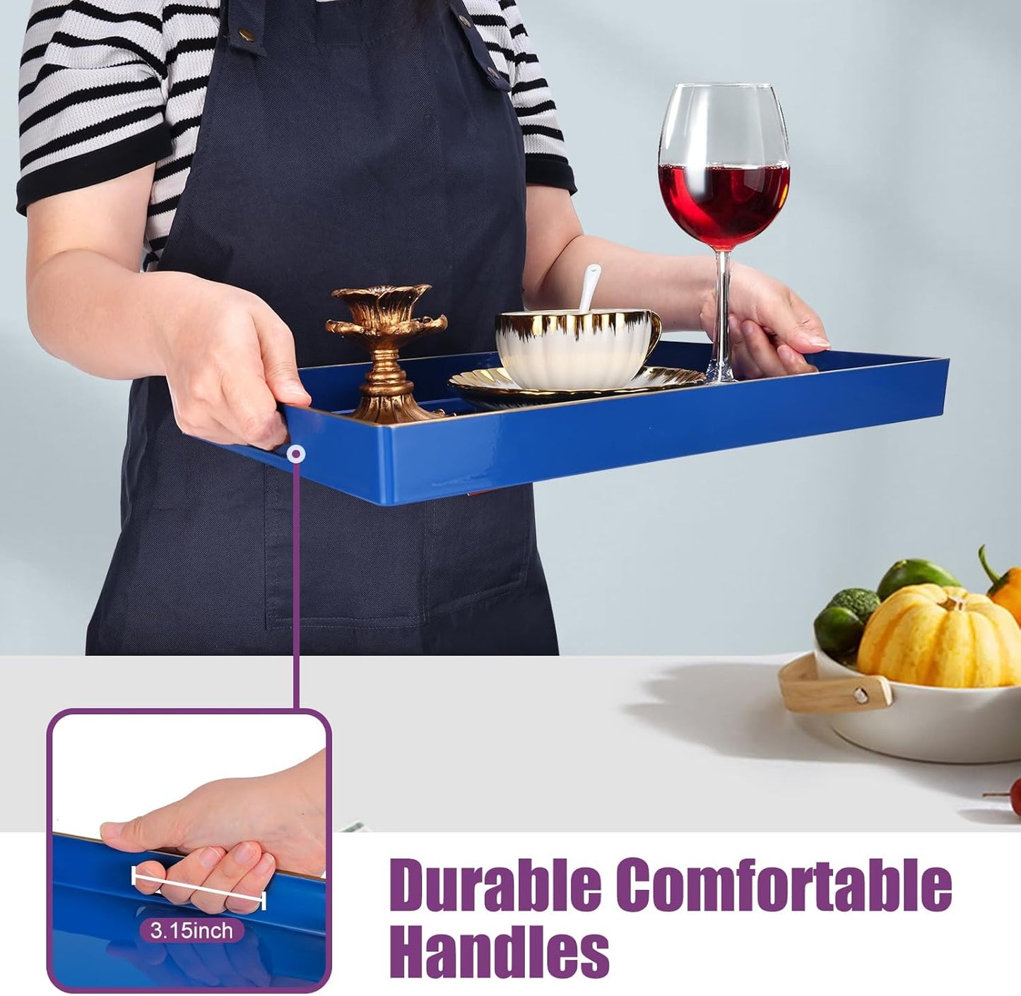 Gifturbo Blue Serving Tray,Decorative Serving Trays with Handles, Coffee Table Tray Ottoman Rectangular Plastic Tray for Living Room, Bathroom, 15.7” x 10.2” x1.37”