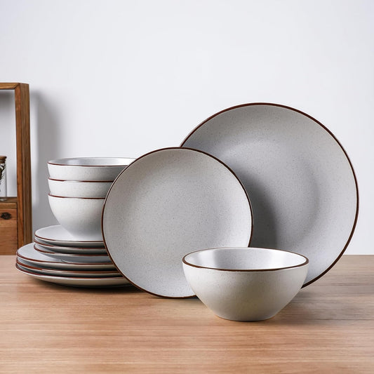 Famiware Venus Plates and Bowls Sets, 12 Pieces Stoneware Speckled Dinnerware Sets, Dishes Set for 4, Microwave and Dishwasher Safe, Matte Light Grey