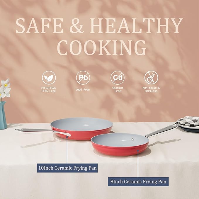 Nonstick Ceramic Frying Pan 10" Non Toxic Cooking Skillet for Eggs Pancakes & Stir Fry Even Heat Distribution PTFE/PFOA/PFAS Free Oven Safe Up to 500°F All Cooktops Compatible, Fusion Red
