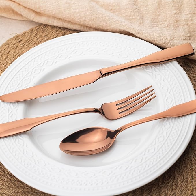 Alata Kate Rose Gold Mirror 40-Piece Silverware Set,Service for 8,Stainless Steel Flatware Set,Mirror Cutlery Set,Dishwasher Safe