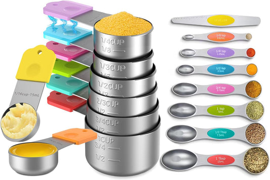 Magnetic Measuring Cups and Spoons Set, 8 Nesting Stainless Steel Measuring Cup Set with Easy to Read Markings, 7 Magnetic Measuring Spoons & 1 Leveler for Measuring Dry or Liquid Ingredients
