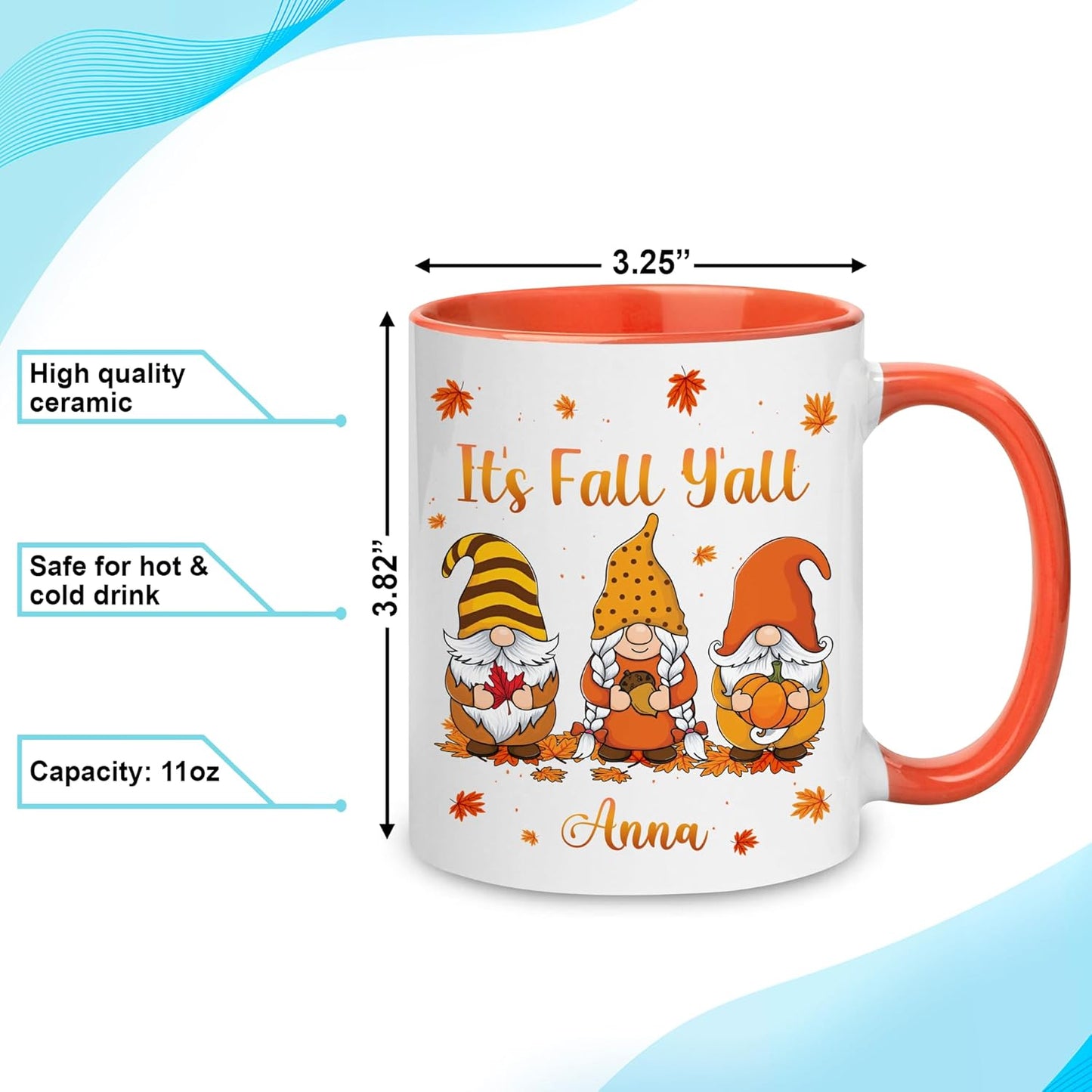 Hyturtle Personalized - Happy Fall Y'all - Custom Name Coffee Cup Ceramic Mug 11oz 15oz - Gnome Gifts For Women - Autumn Gifts - Fall Thanksgiving Decor Gift - Birthday