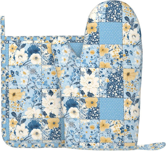 Oven Mitts and Pot Holders Floral Blue Pastel Vintage Silicone Kitchen Accessories Set of 2 Heat Resistant Long Gloves Potholder Non-Slip Grip for Chef Cooking,Baking,Grilling,BBQ