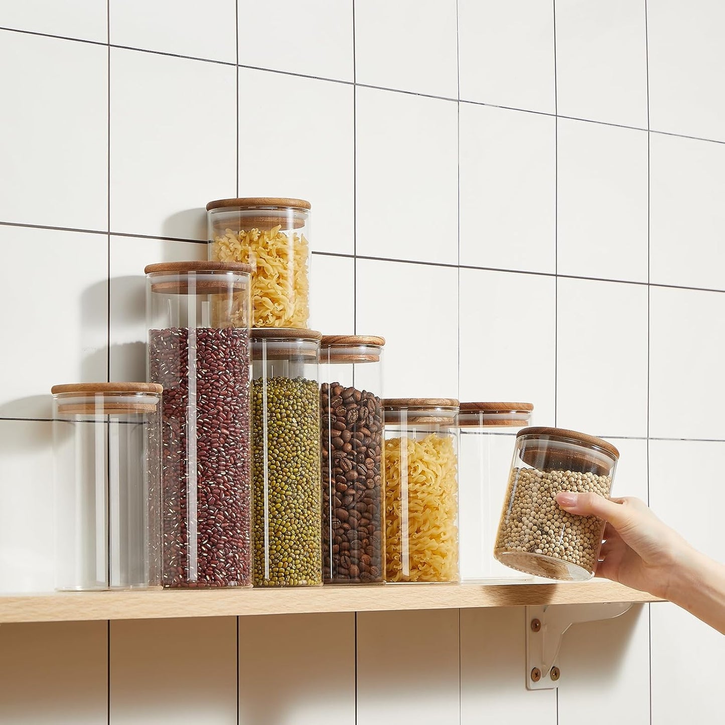 24 Pcs Glass Storage Jar with Acacia Wooden Lid, 4 Sizes Food Storage Container Clear Stackable Canister Airtight Glass Jar for Candy Cookie Rice Sugar Pasta 3.4''x4'', 6'', 7.9'', 9.8''