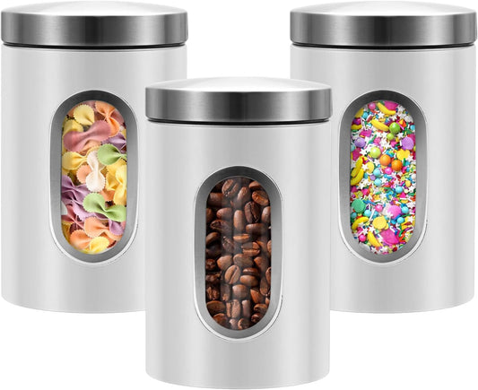 Canisters Sets for the Kitchen, 3pcs Sugar Flour Tea Coffee Storage Jars Stainless Steel Food Container Organizer for Kitchen Counter with Transparent Window (white)