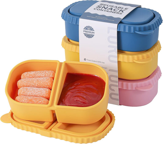 3 Pack Silicone Reusable Snack Containers with Lids - 8 oz Double Compartment Snackle Box for Kids & Adults, BPA-Free & Leakproof, Small for Dressing, Snacks, School, Office, Picnic