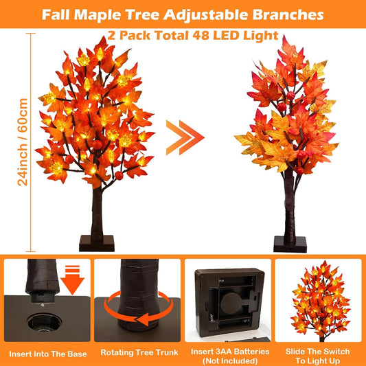 2 Pack 24 Inch Prelit Fall Maple Tree Decorations with 48 LEDs Timer Fall Battery Operated Light Up Artificial Pumpkin Acorn Lighted Maple Tree for Thanksgiving Harvest Table Home Indoor Decor