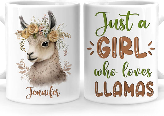 Hyturtle Personalized Gifts Llama Lover - Just A Girl Who Loves Llamas Custom Name Ceramic Coffee Mug Cup 11oz - Idea Cute Animal Lover Gifts For Women, Girl Daughter On Birthday, Christmas