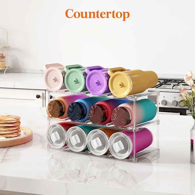 Lifewit Stackable Water Bottle Storage Organizer, Clear Tumbler Cup Mug Organizer, Plastic Large Compartment Wine Rack for Fridge Cellar Kitchen Pantry Storage, 3Tier Hold 12