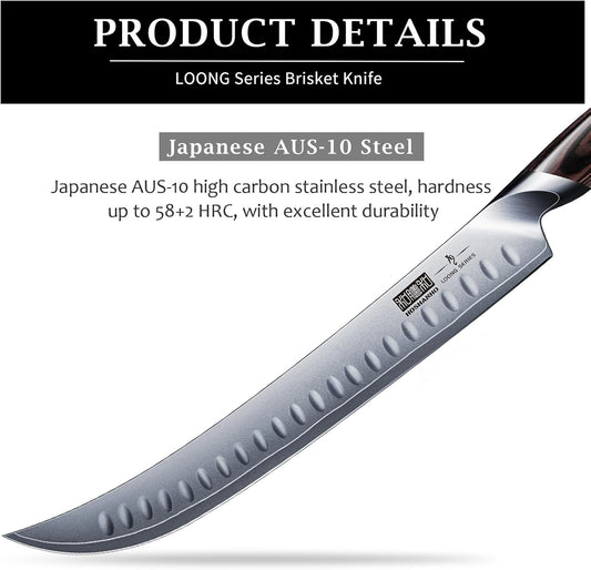 HOSHANHO Carving Slicing Knife, 12 Inch Japanese High Carbon Steel Brisket Knife with Ergonomic Pakkawood Handle, Razor Sharp Curved Butcher Breaking Knives for Meat Cutting
