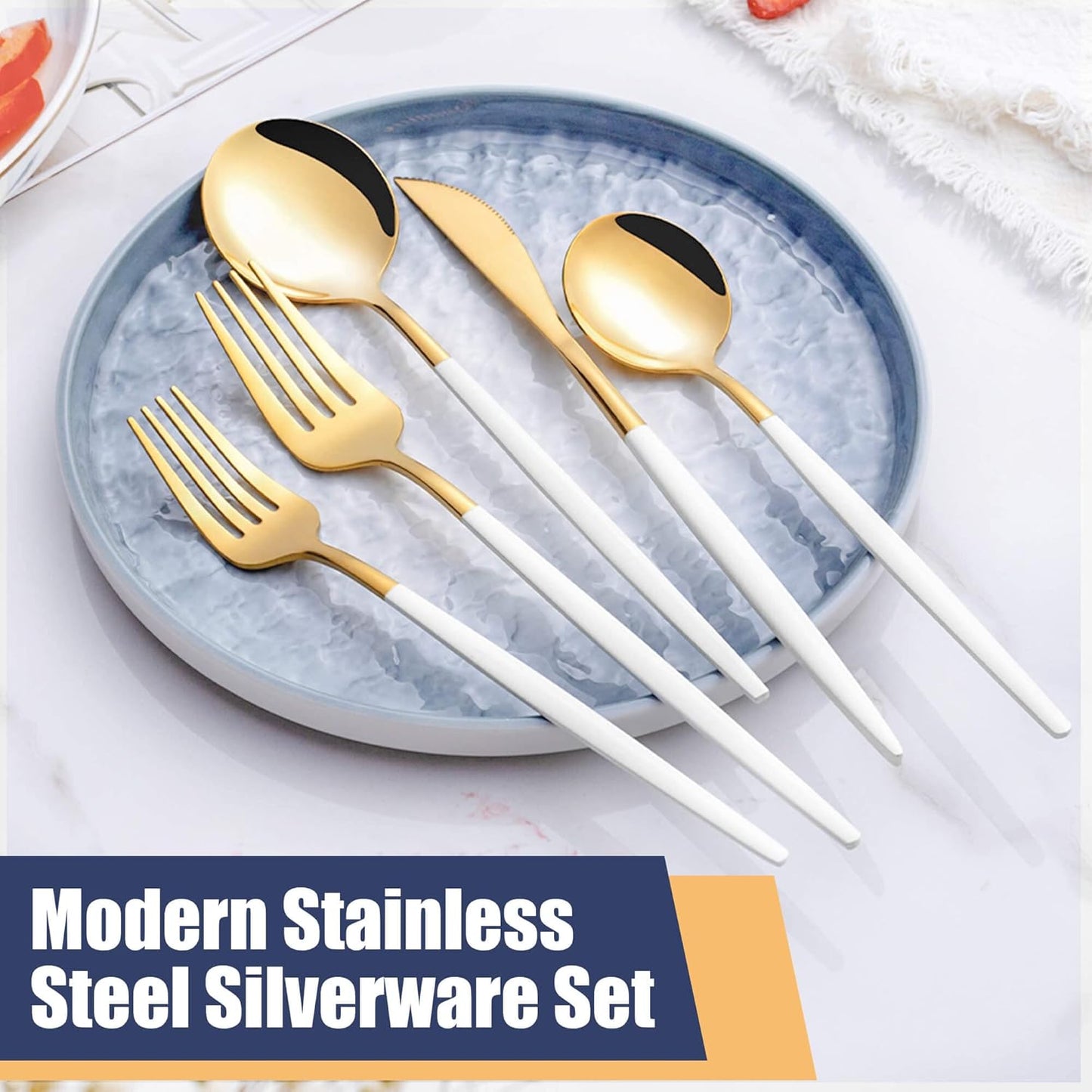 20 Piece White Gold Silverware Set,Stainless Steel Flatware Cutlery Set Service for 4 Including Forks Spoons Knives,Utensil Set,Tableware for Home and Restaurant, Dishwasher Safe