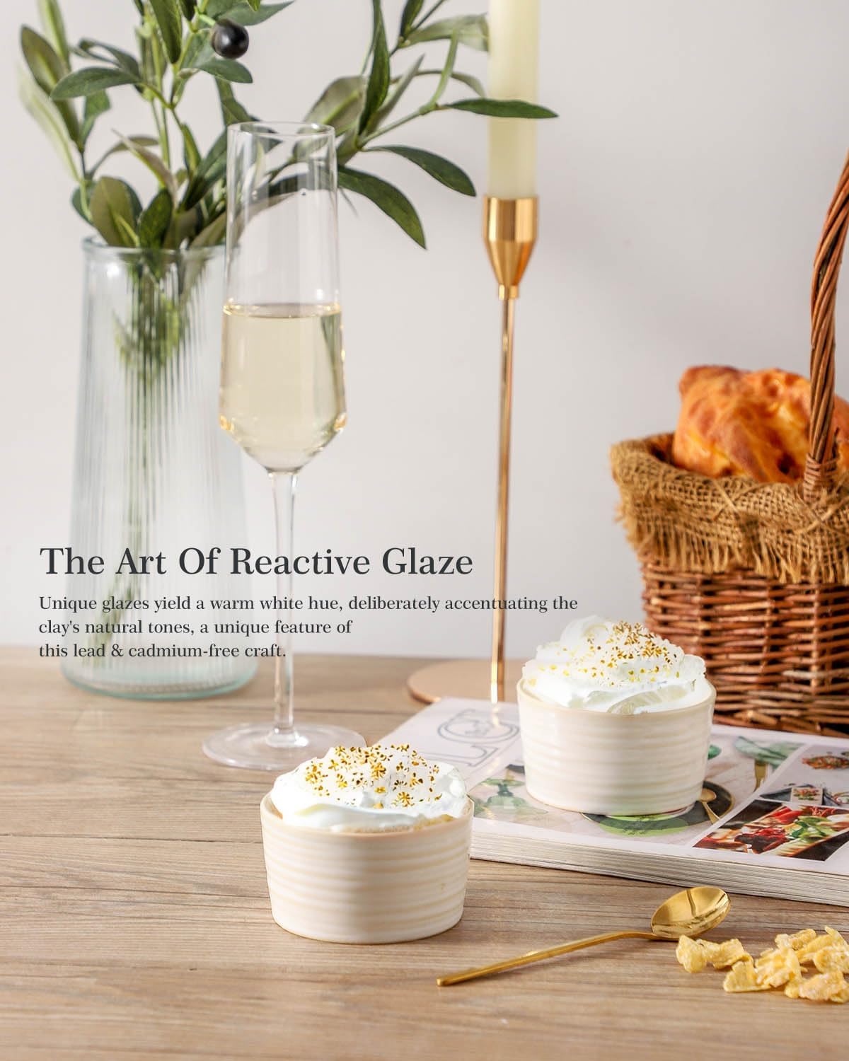 Hasense 4 oz Ramekins Oven Safe, Ceramic Creme Brulee Bowls Set of 6, Mini Baking Dishes for Souffle Pudding, Serving Dip, Custard, Ice Cream, Clay-Infused White