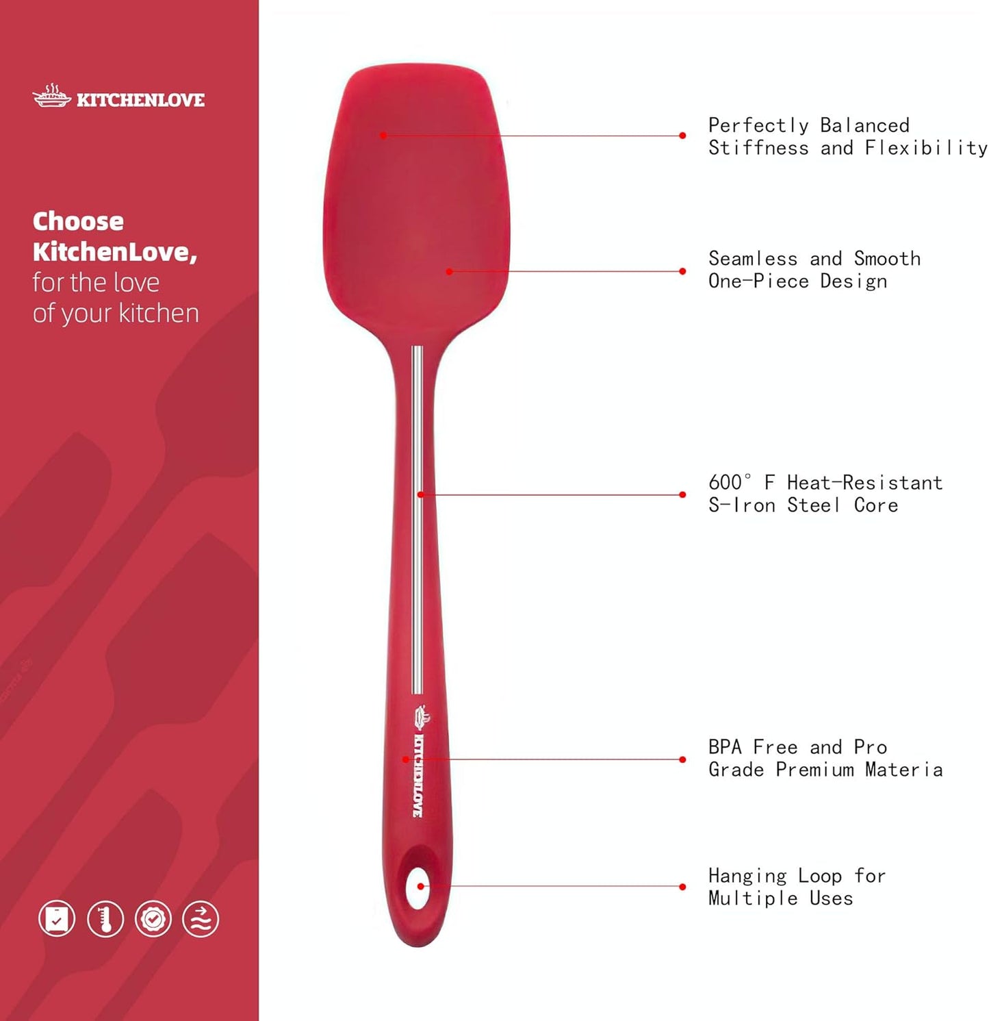 KITCHENLOVE Premium 600°F Heat Resistant 5 Piece Silicone Spatula Set for Baking, Cooking, Mixing - Non-Stick with High Grade S-Iron Steel Core - One Piece Seamless Design - BPA Free (Red)