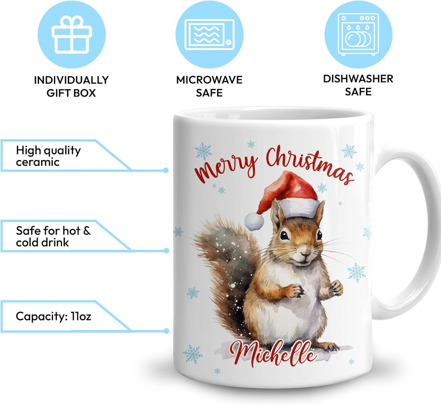 Hyturtle Personalized Gifts Squirrel Lover - Squirrel Wearing Santa Hat Custom Name Ceramic Coffee Mug Cup 11oz - Cute Animal Lovers Gifts For Women, Girl kids Family On Birthday, Christmas