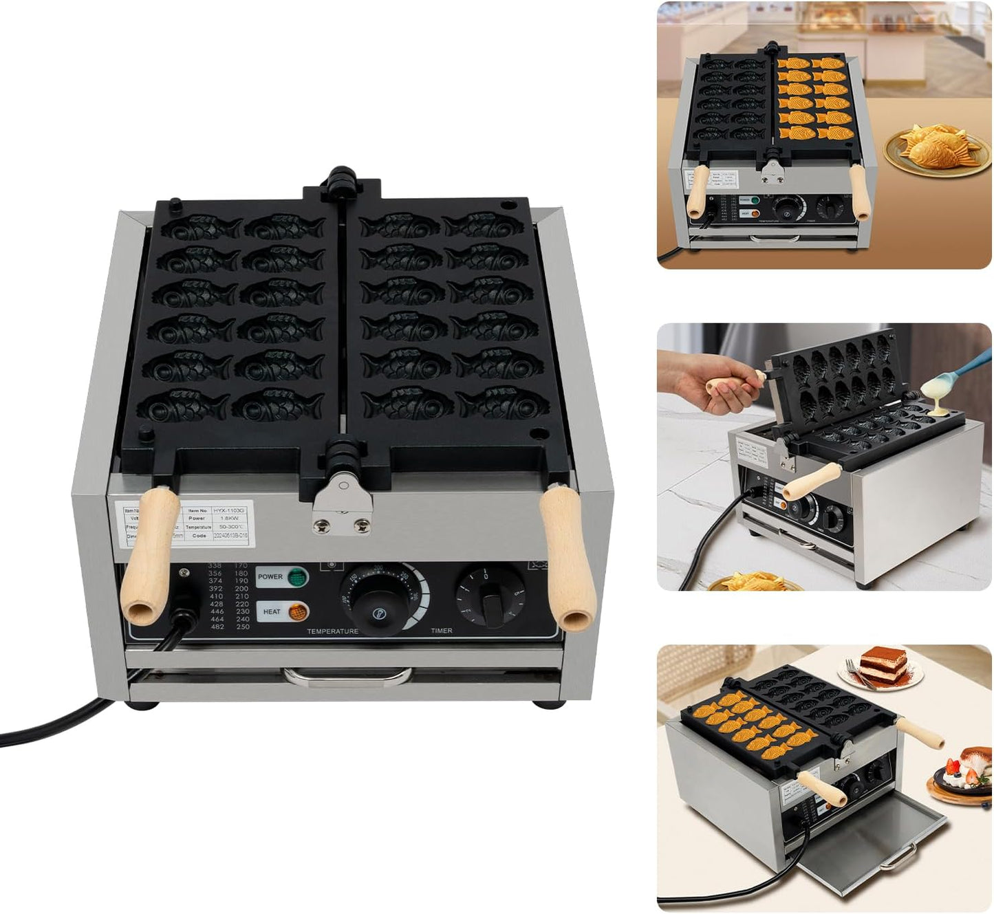 1800W Commercial Taiyaki Fish Waffle Maker, 12 Grids Electric Waffle Maker Non-Stick Stainless Steel Belgian Waffle Iron w/Time & Temper Adjustable|180° Rotating, Large Waffle Machine for Restaurant