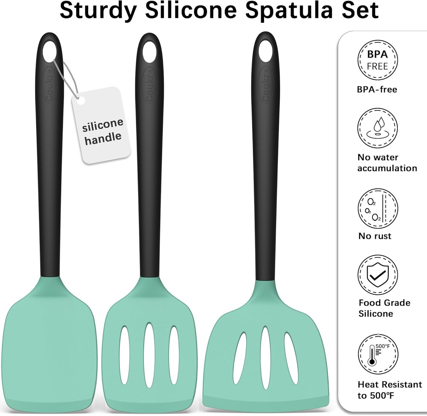 Coukre Silicone Spatula Set of 3, High Heat Resistant, BPA-Free, Kitchen Utensils, Fish Spatula, Solid & Slotted Turner for Non-Stick Pans, Flipping Eggs, Pancakes, Fish, Burgers (3, AquaGreen)