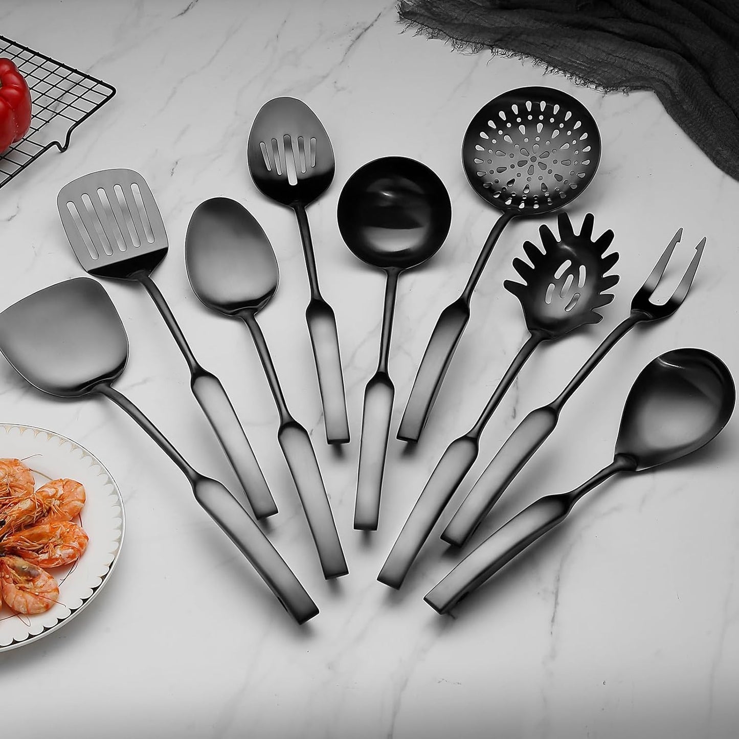 9PCS Silverware Set for 304 Stainless Steel Kitchen Utensils Set Cooking Utensil Set, 15 Inches All Metal Cooking Tools Wok Kitchen Cookware Set with Spatula Useful Pots and Pans Accessories