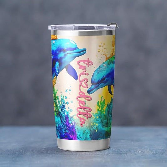 Tri Delta Fraternity Paraphernalia - Official Vendor - 20 oz Stainless Steel Insulated Sublimation Tumblers - Deep Sea Dolphins